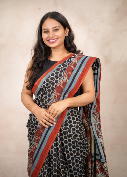 Black & Red Ajrakh Hand Block Printed Cotton Saree | Looms & Tassels
