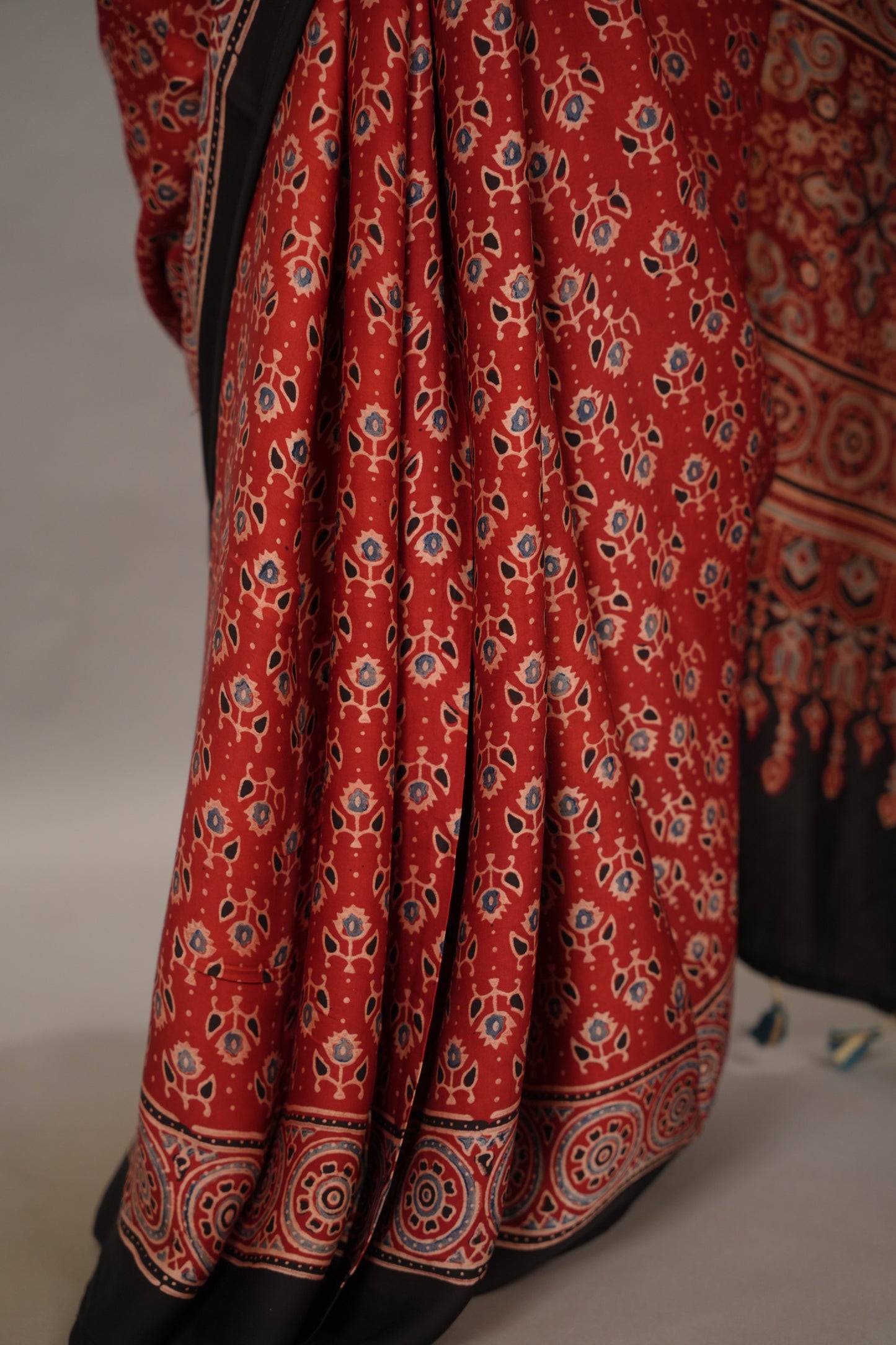 Maroon Authentic Ajrakh Handblock Printed Modal Silk Saree | Looms & Tassels