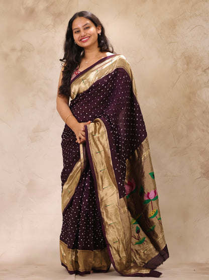 Deep Purple Handcrafted Bandhani Paithani Dola Silk Saree | Looms & Tassels