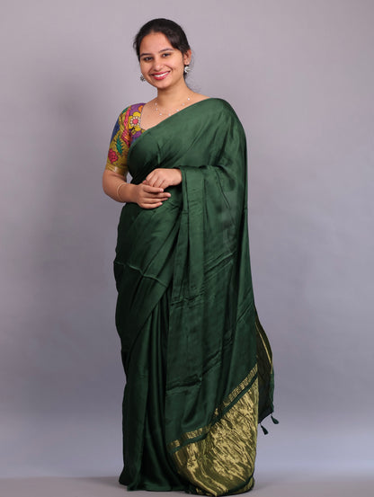 Green Plain Modal Silk Saree with Lagdi Pallu | Looms & Tassels