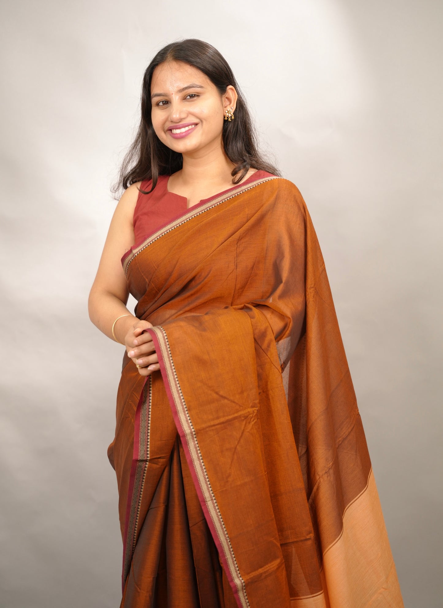 Rust Orange Narayanpet Cotton Saree | Looms & Tassels