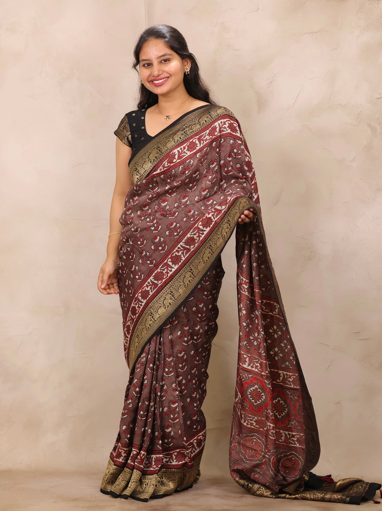 Dusty Brown Ajrakh Handblock printed Dola Silk Saree | Looms & Tassels
