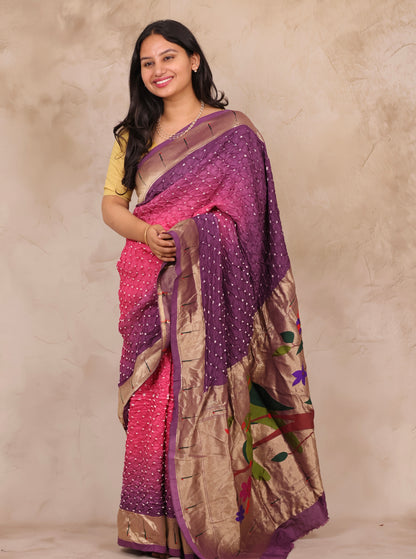 Purple & Pink Handcrafted Bandhani Paithani Dola Silk Saree | Looms & Tassels