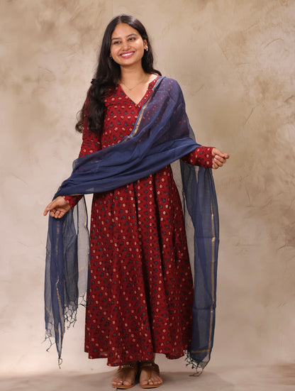 Maroon Pure Cotton Ajrakh Hand Block Printed Angarkha Kurta with Kota Dupatta | Looms & Tassels