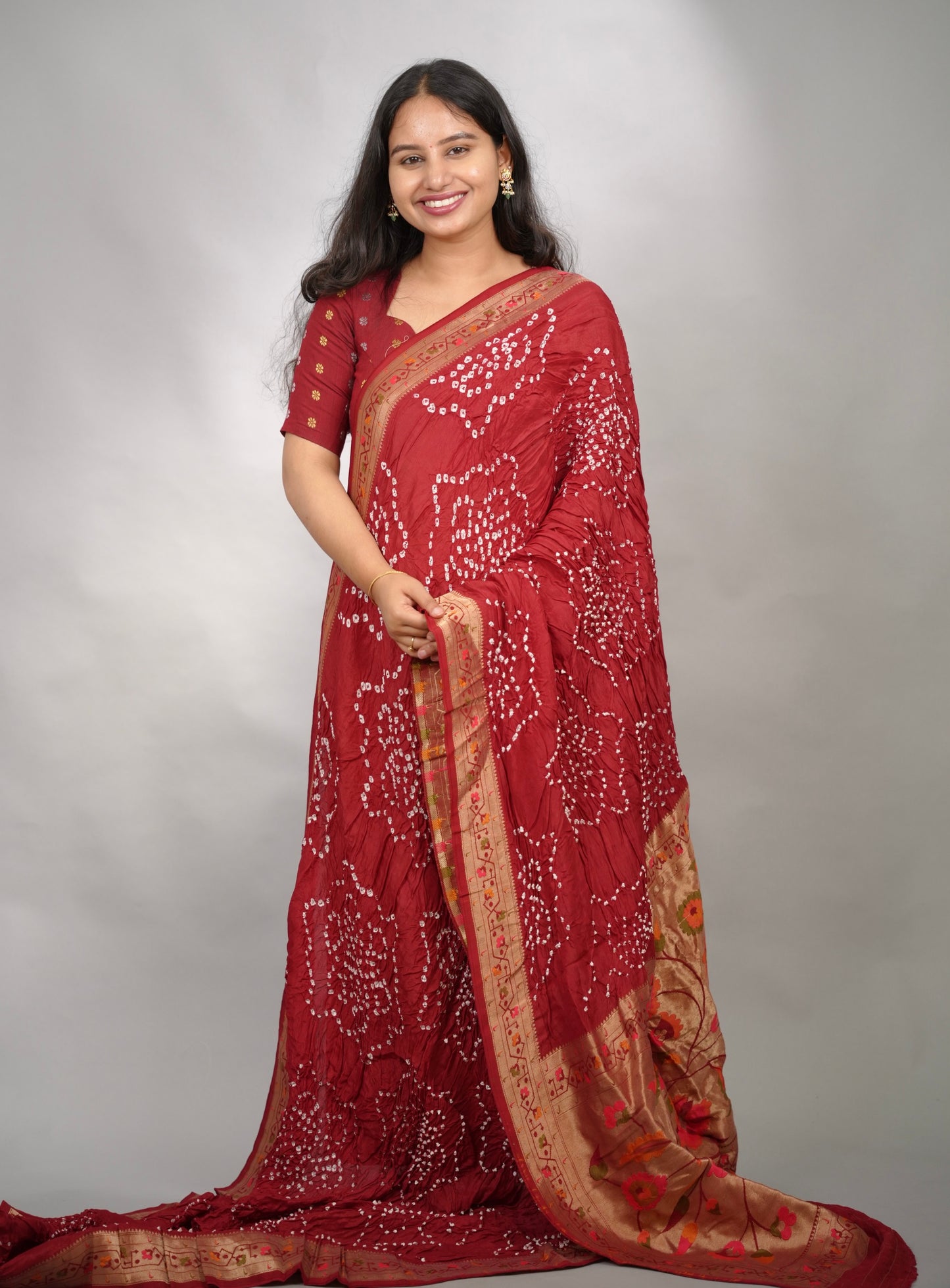 Maroon Handcrafted Pattern Bandhani Paithani Dola Silk Saree | Looms & Tassels