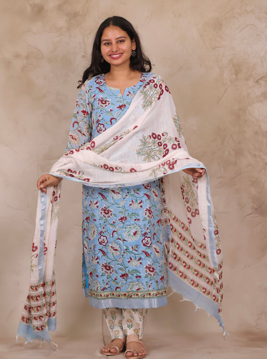 Sky Blue Linen Cotton Handblock printed 3 piece suit (stitched)