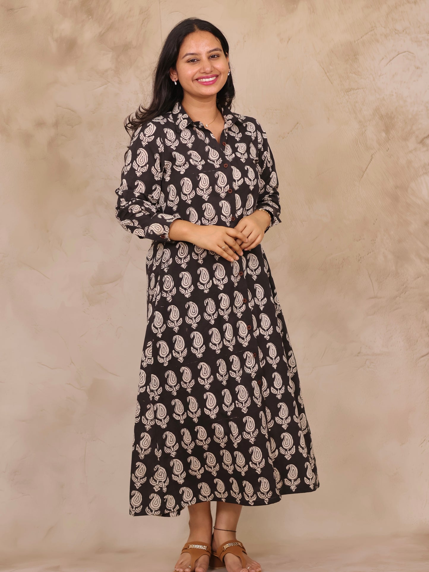 Black Paisley Hand Block Printed Pure Mul Cotton A-Line Shirt Dress | Looms & Tassels