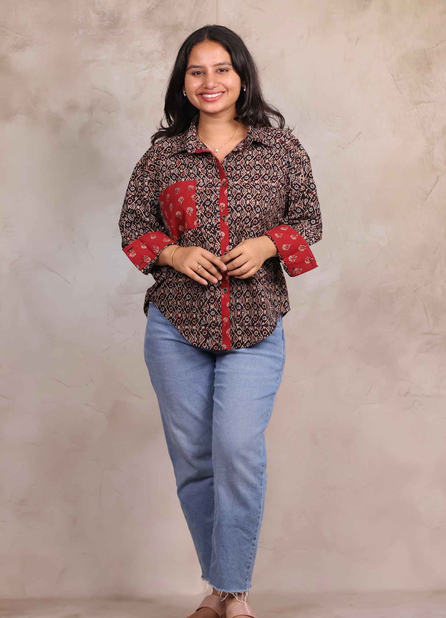 Black Ajrakh Handblock Printed Patch Work Shirt (Pure Cotton ) | Looms & Tassels