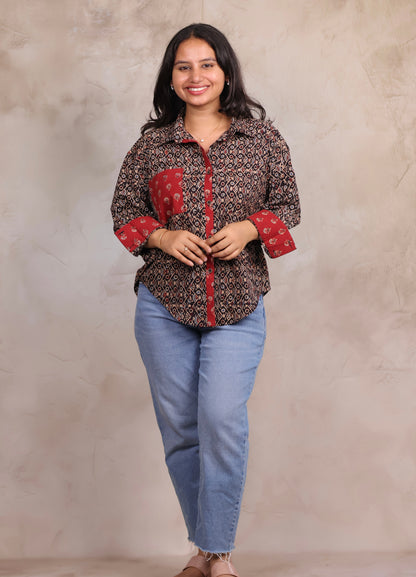 Black Ajrakh Handblock Printed Patch Work Shirt (Pure Cotton ) | Looms & Tassels