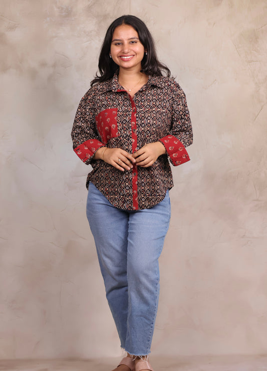 Black Ajrakh Handblock Printed Patch Work Shirt (Pure Cotton ) | Looms & Tassels