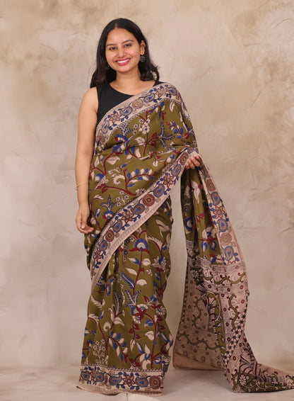 Mehendi Green Kalamkari Cotton Saree