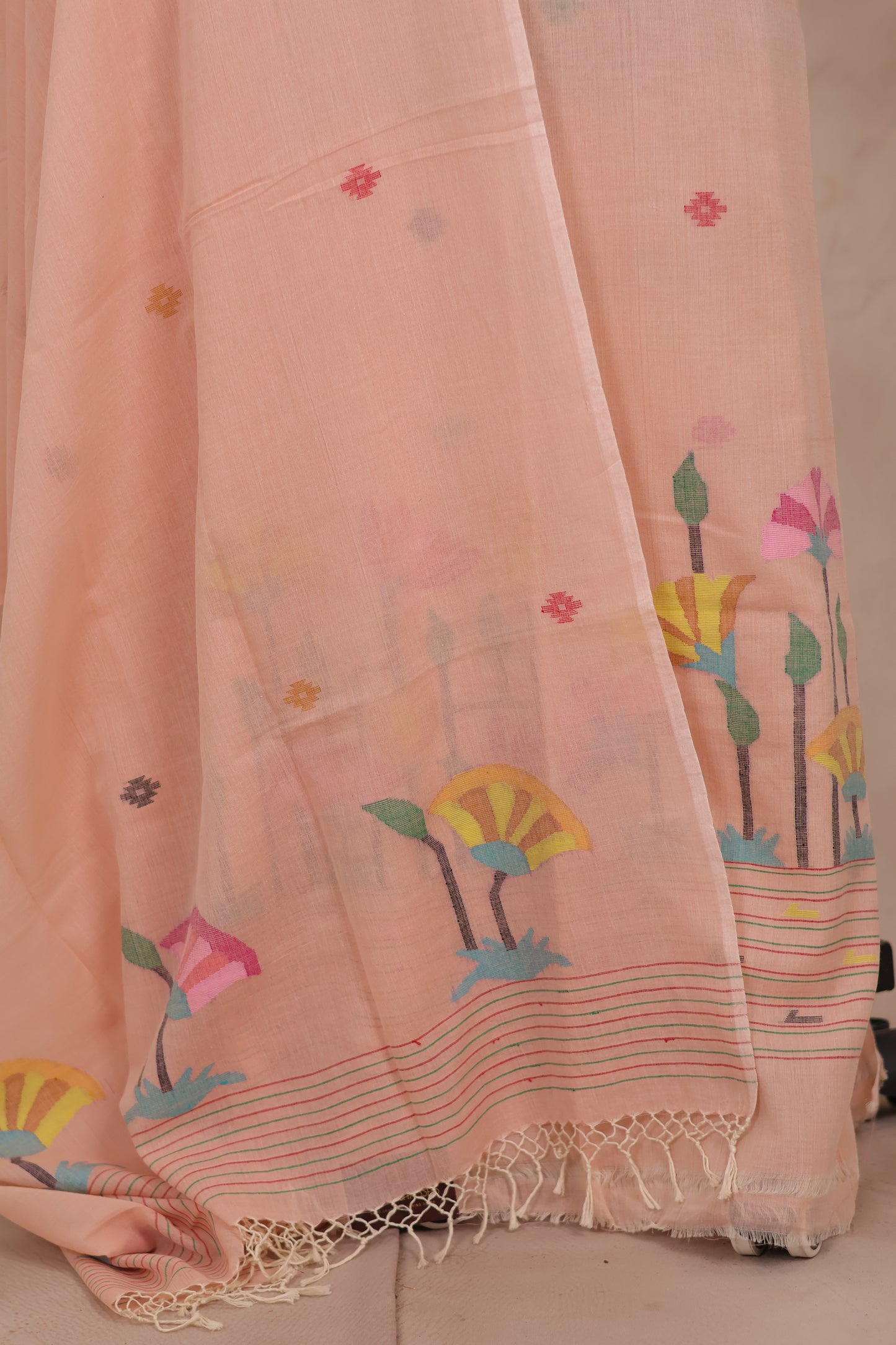 Peach Handwoven Jamdhani weaving pure Malai cotton 2 piece suit sets | Looms & Tassels