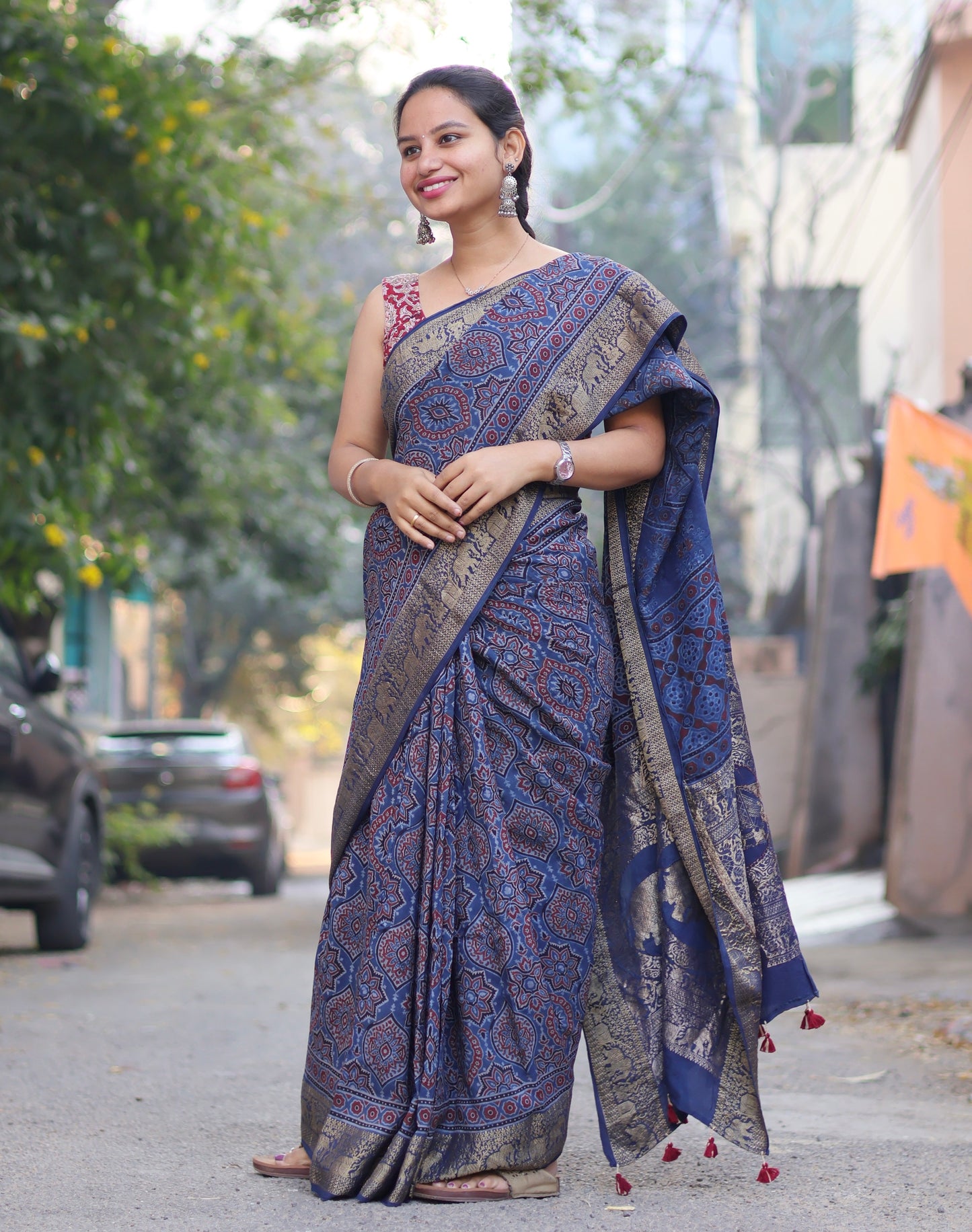 Ajrakh Dola Silk Saree