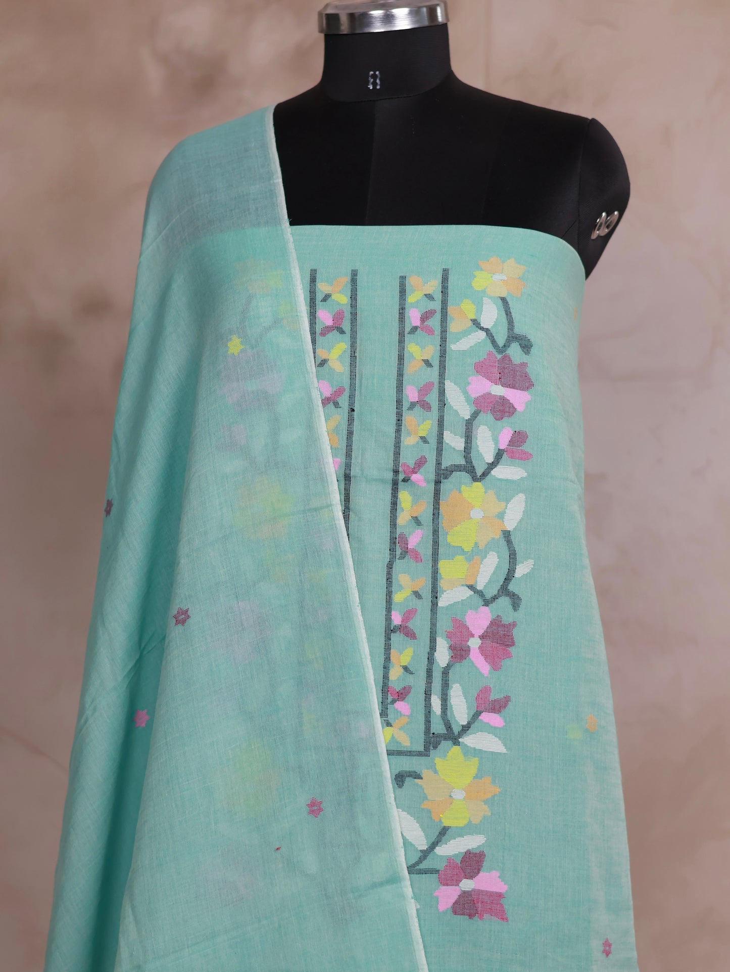 Sea Green Handwoven Jamdhani weaving pure Malai cotton 2 piece suit sets | Looms & Tassels