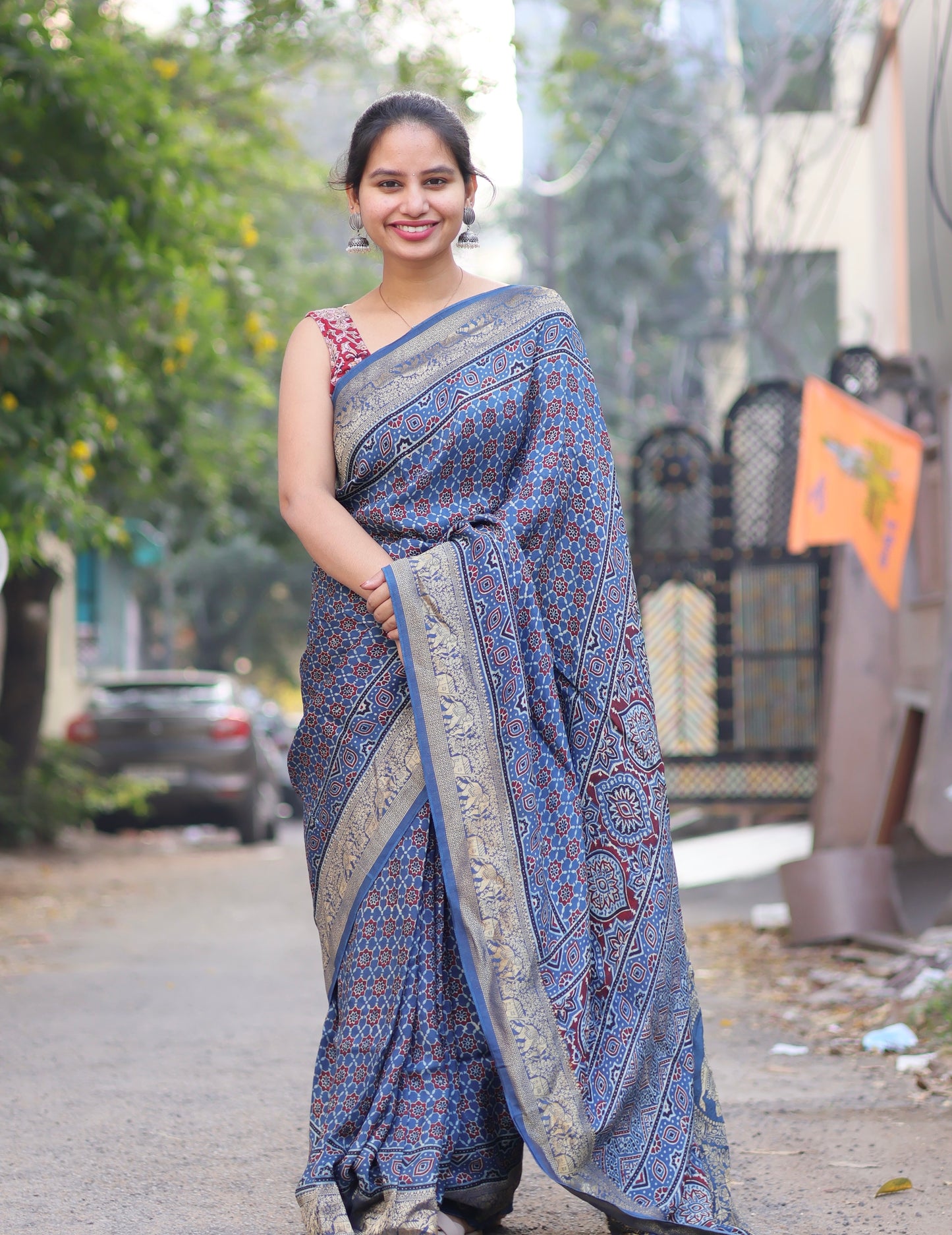 Indigo Ajrakh Dola Silk Saree