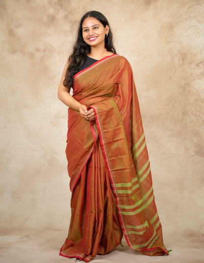 Orange Duel Tone Narayanpet Cotton Saree lines weaving | Looms & Tassels