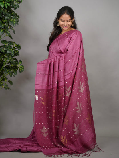 Pastel Pink Handloom Jamdhani Pure Matka Silk Saree with Muslin Silk Pallu