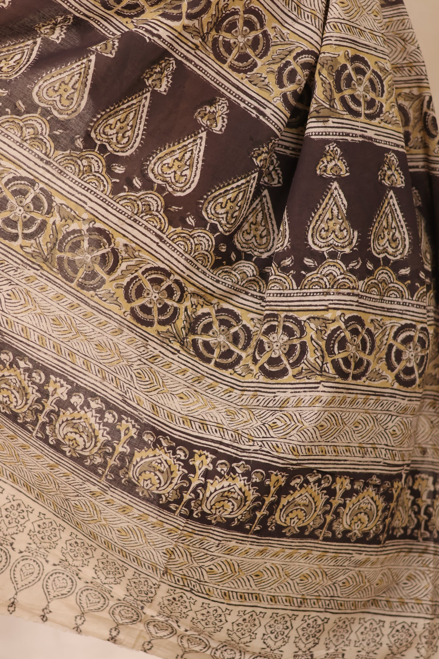 Black Hand Block Printed Kalamkari Cotton Saree | Looms & Tassels