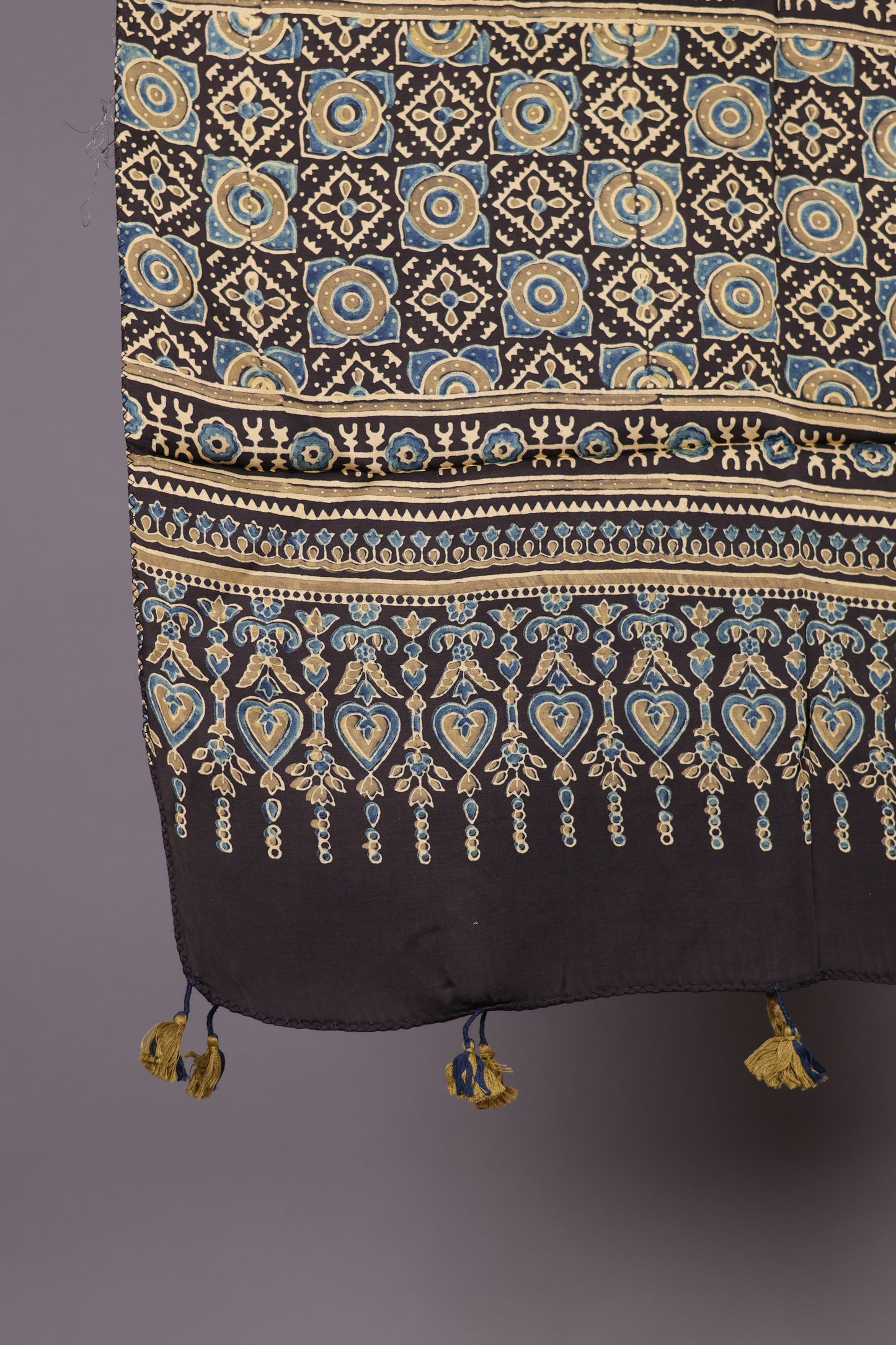 Black Ajrakh Hand Block Printed Modal Silk Stole | Looms & Tassels