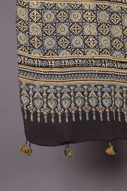 Black Ajrakh Hand Block Printed Modal Silk Stole | Looms & Tassels