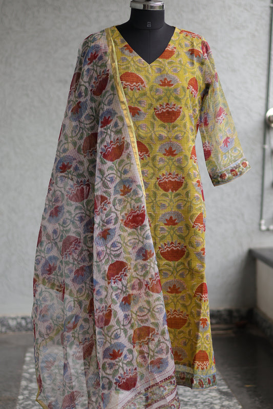 Green Handblock printed kota 3 piece suit (stitched)