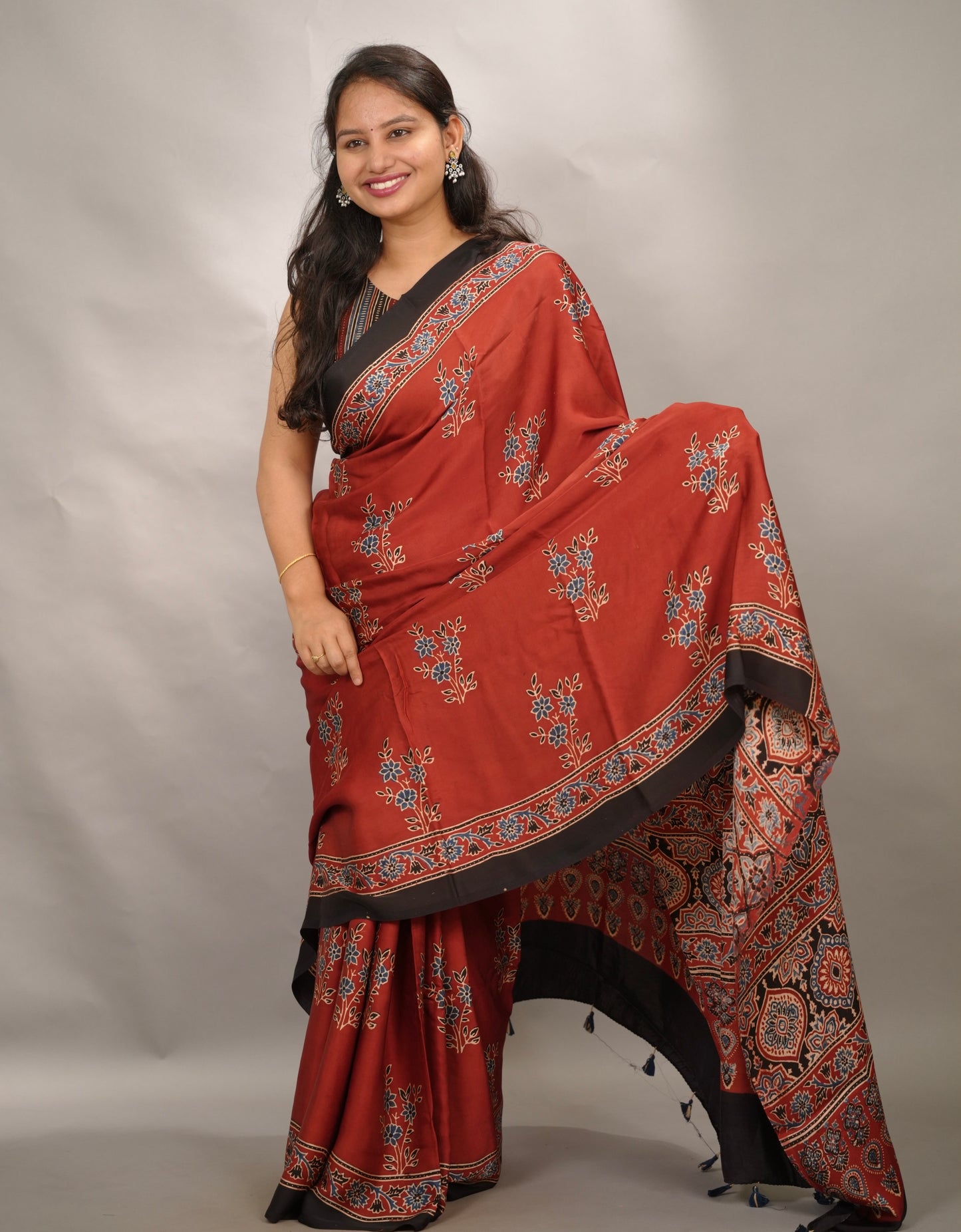 Maroon Authentic Ajrakh Handblock Printed Modal Silk Saree | Looms & Tassels
