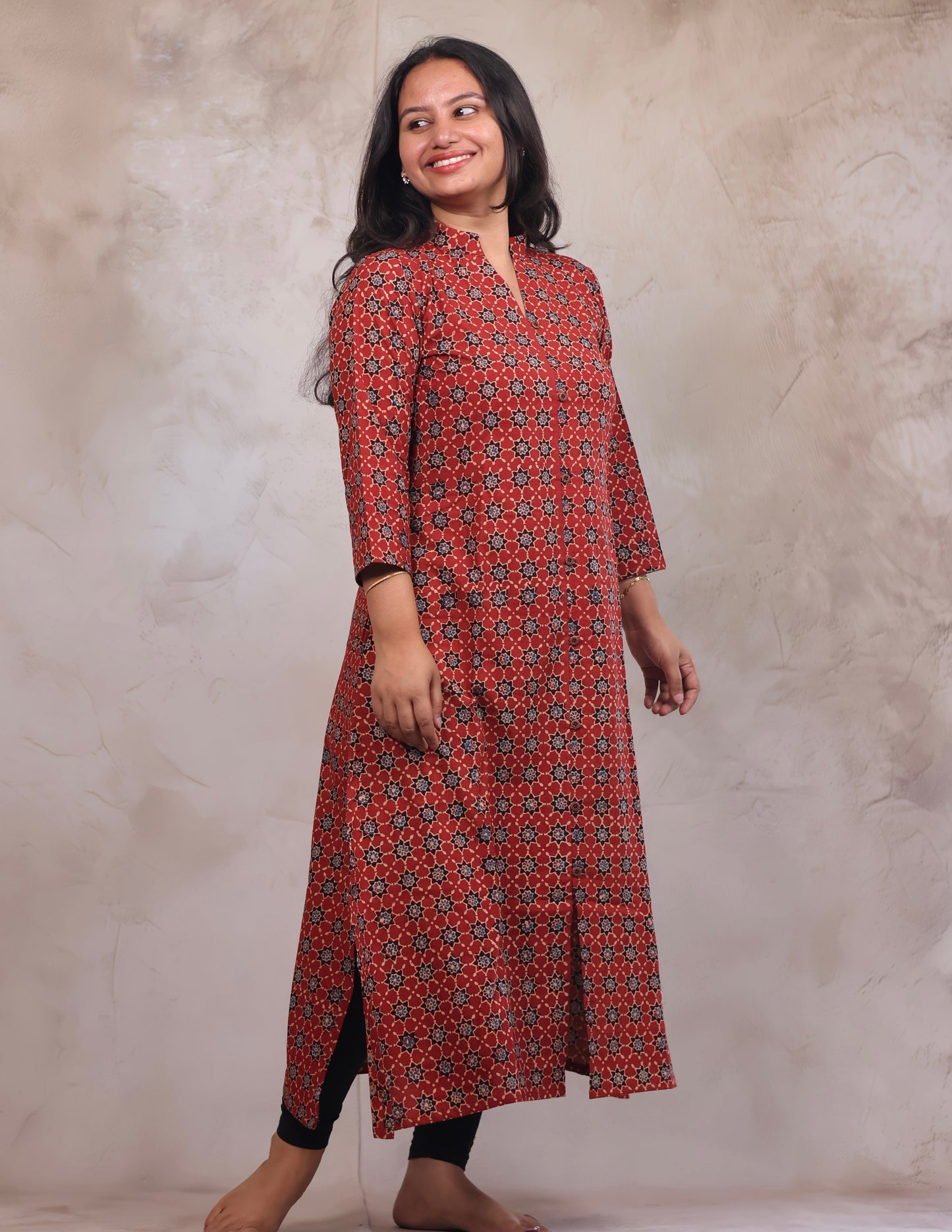 Red Ajrakh Hand Block Printed Kurti | Looms & Tassels
