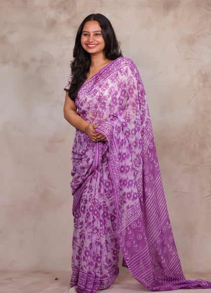 Purple Chiffon Hand Block Printed Saree | Looms & Tassels