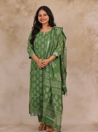 Green Linen Cotton Handblock printed 3 piece suit (stitched)