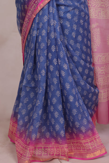 Blue And Rani pink Dual Shade Pure Kota Doria Saree with Bagru Handblock Prints | Looms & Tassels