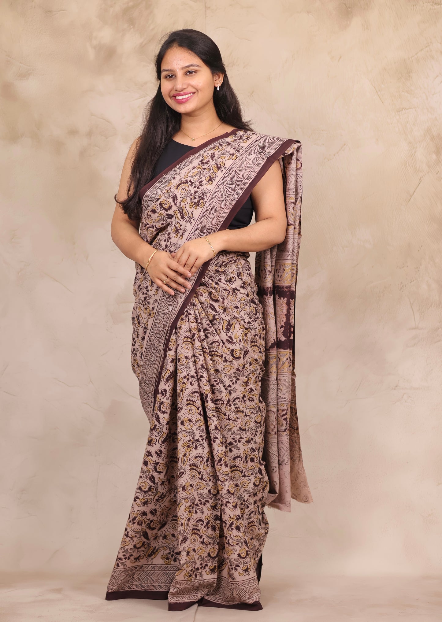 Cream Hand Block Printed Kalamkari Cotton Saree | Looms & Tassels