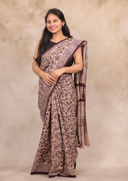 Cream Hand Block Printed Kalamkari Cotton Saree | Looms & Tassels