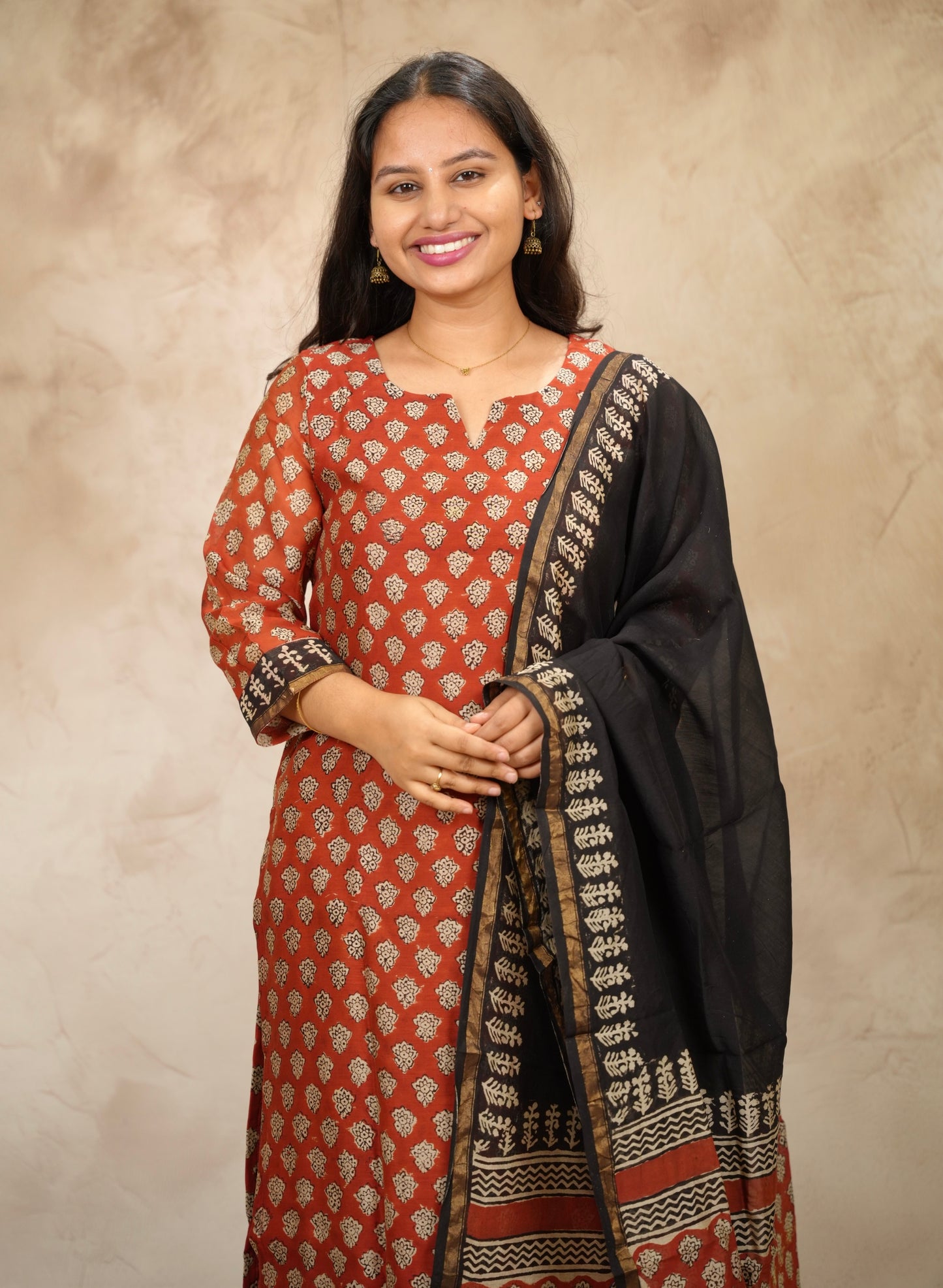Maroon Handblock printed Pure Chenderi Silk 3 piece suit (stitched) | Looms & Tassels