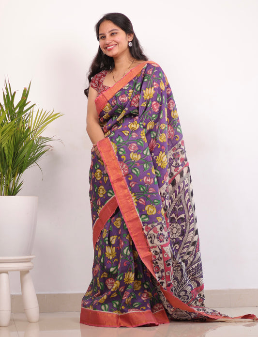 Purple Kalamkari Silk Handcrafted Nizam Border Saree