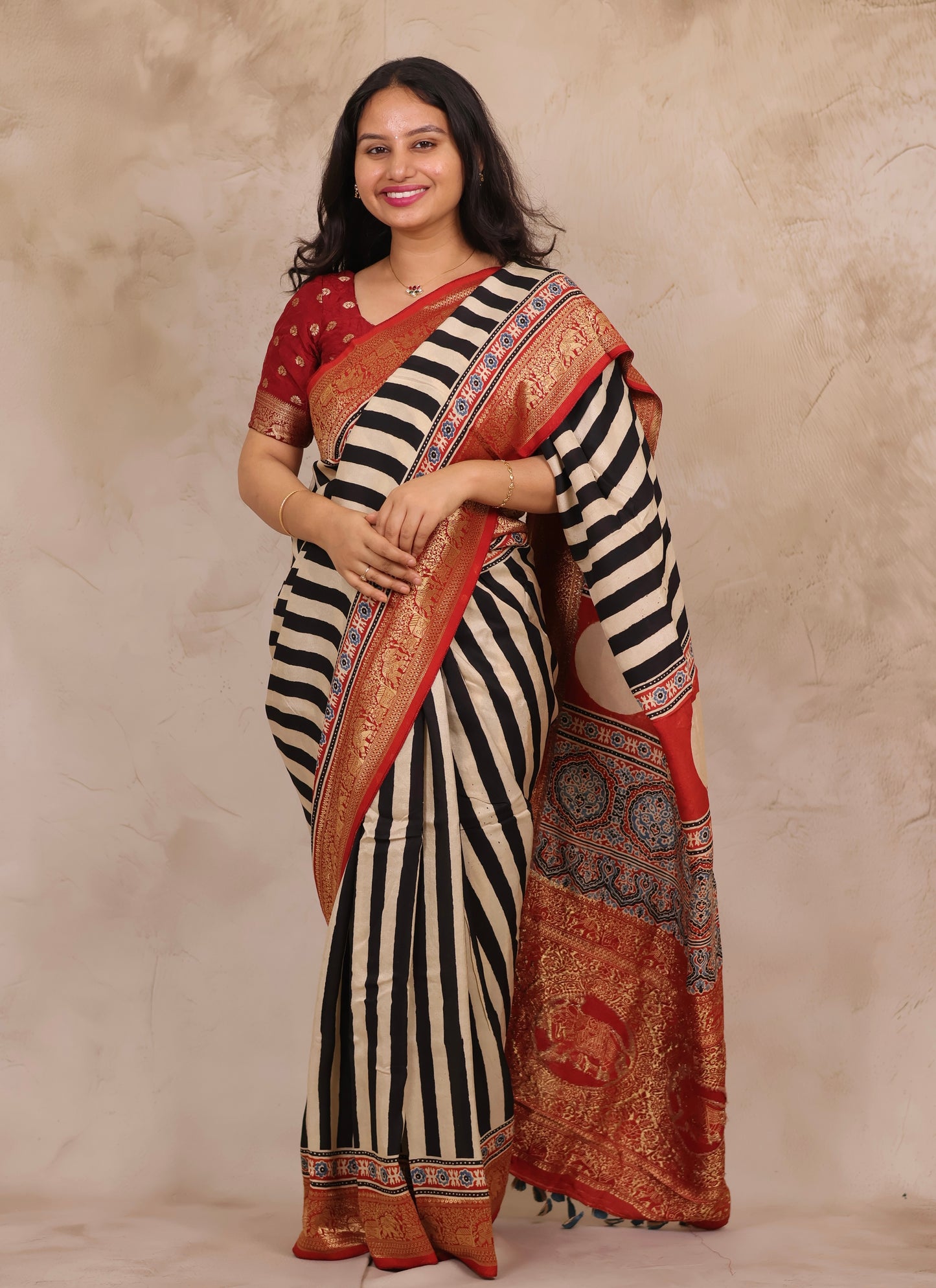 Stripes Contemporary Ajrakh Handblock printed Dola Silk Saree | Looms & Tassels