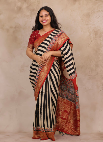 Stripes Contemporary Ajrakh Handblock printed Dola Silk Saree | Looms & Tassels