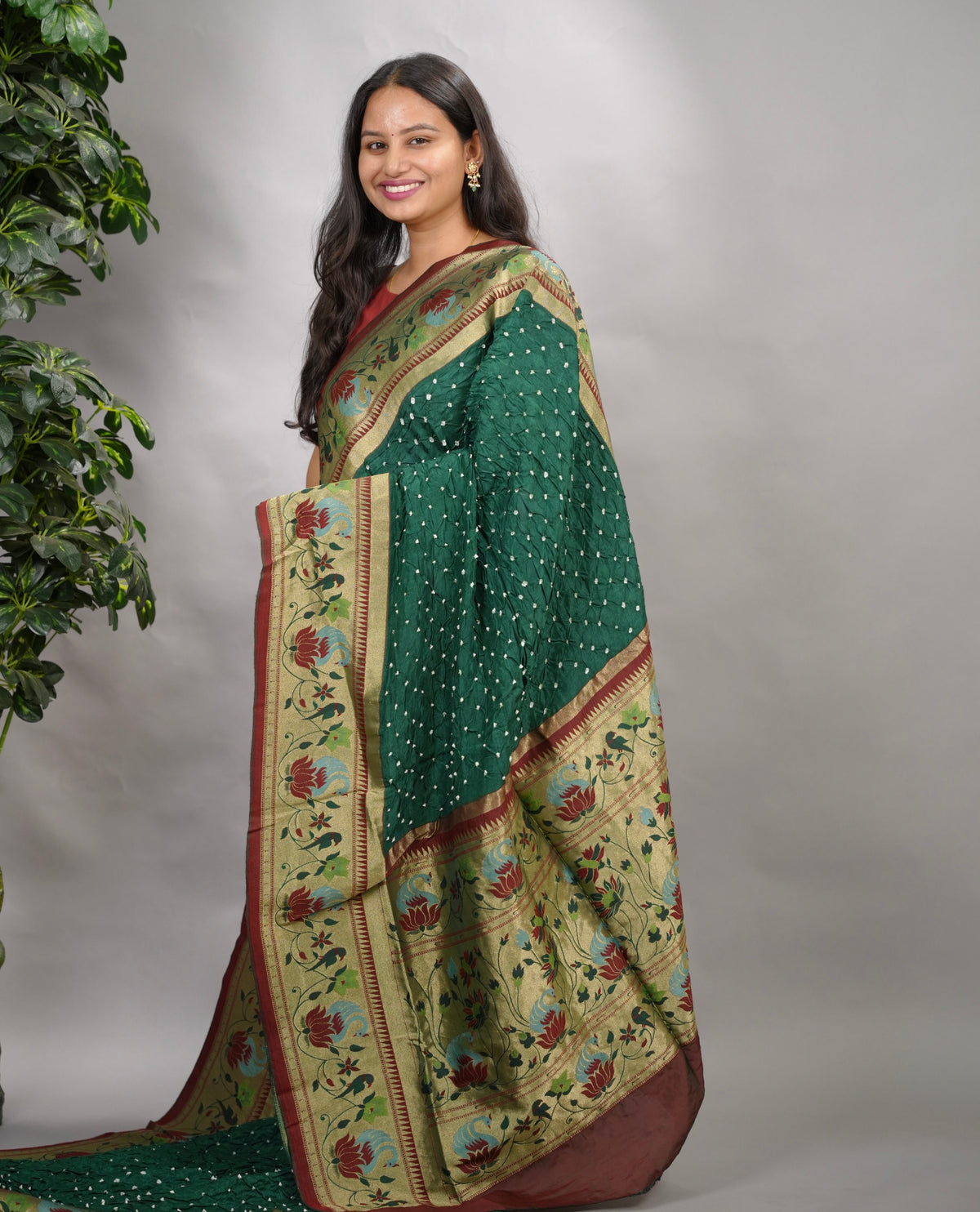 Green Handcrafted Bandhani Paithani Dola Silk Saree | Looms & Tassels
