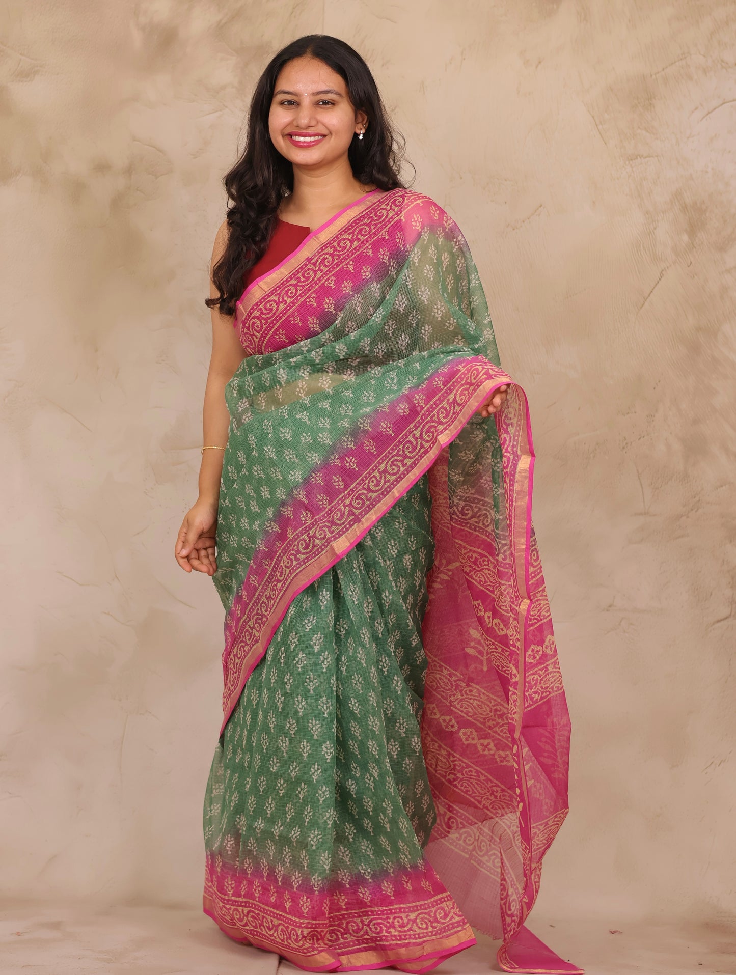 Green & Pink Pure Kota Doria Saree with Bagru Handblock Prints | Looms & Tassels