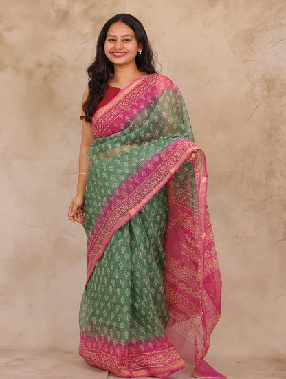 Green & Pink Pure Kota Doria Saree with Bagru Handblock Prints | Looms & Tassels