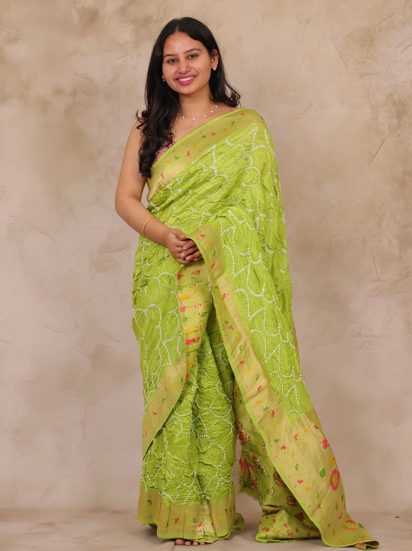 Pista Green Handcrafted Pattern Bandhani Paithani Dola Silk Saree | Looms & Tassels