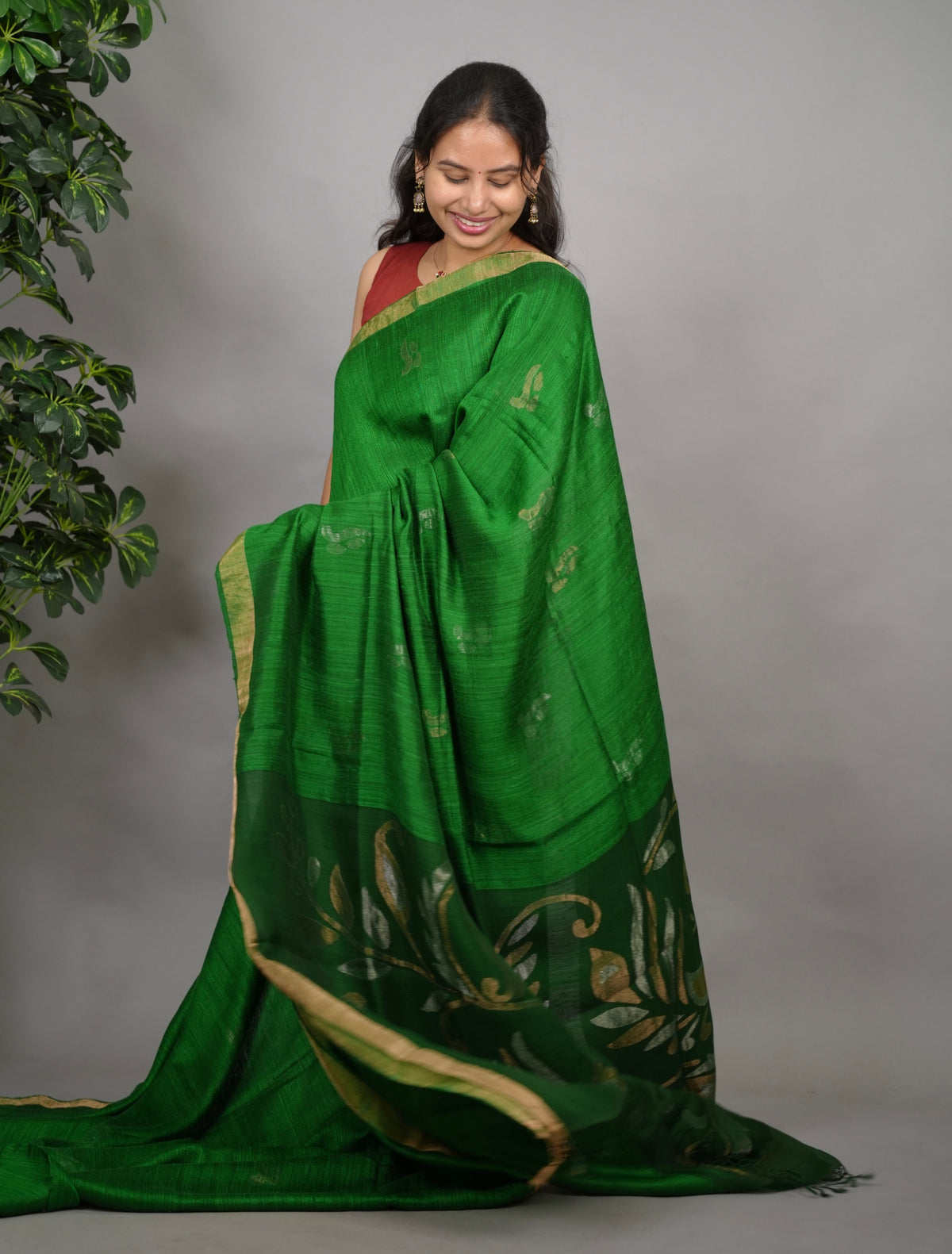 Green Handloom Jamdhani Pure Matka Silk Saree with Muslin Silk Pallu