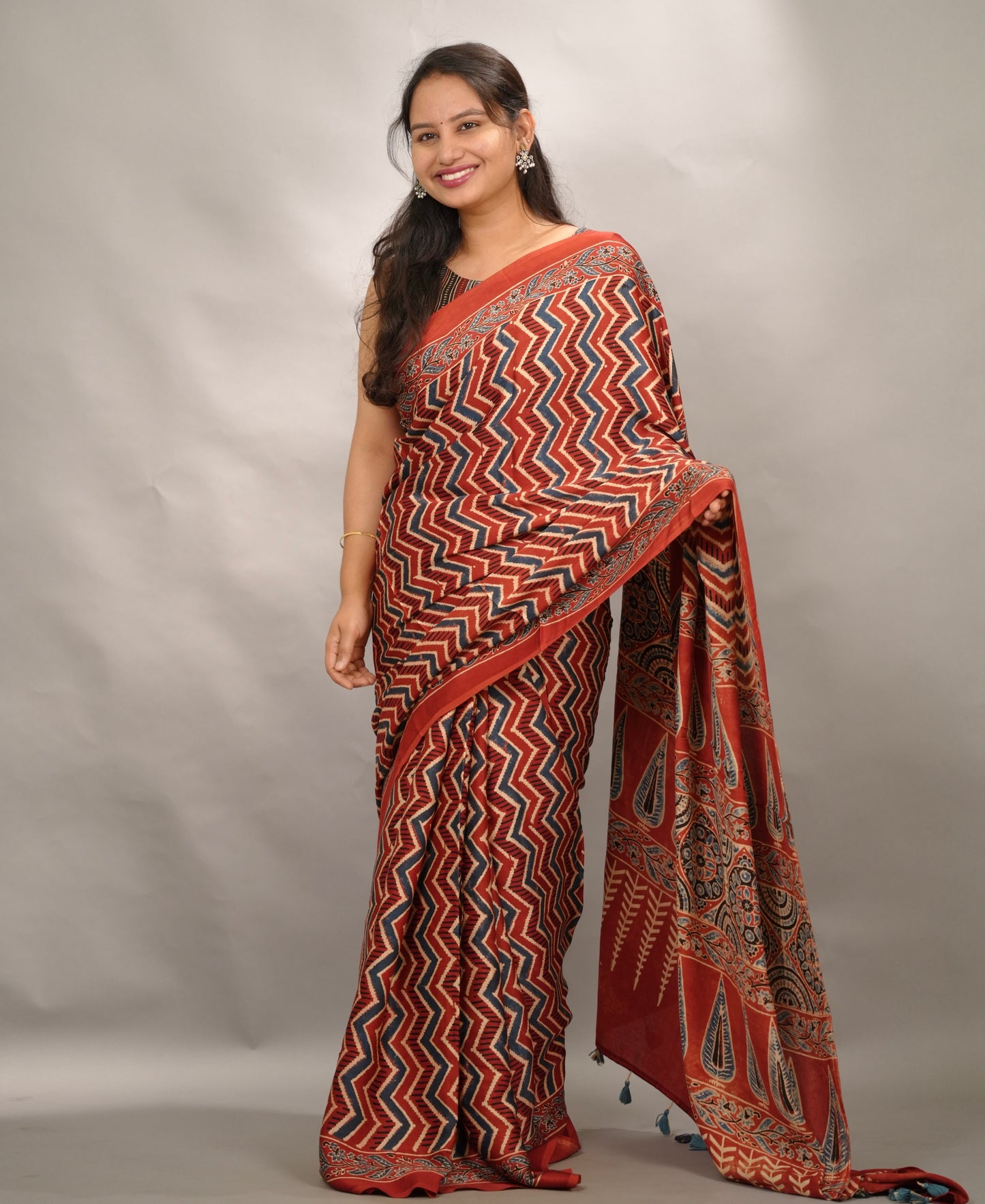 Maroon Authentic Ajrakh Handblock Printed Modal Silk Saree | Looms & Tassels