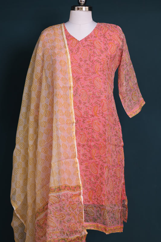 Pink Handblock printed kota 3 piece suit (stitched)
