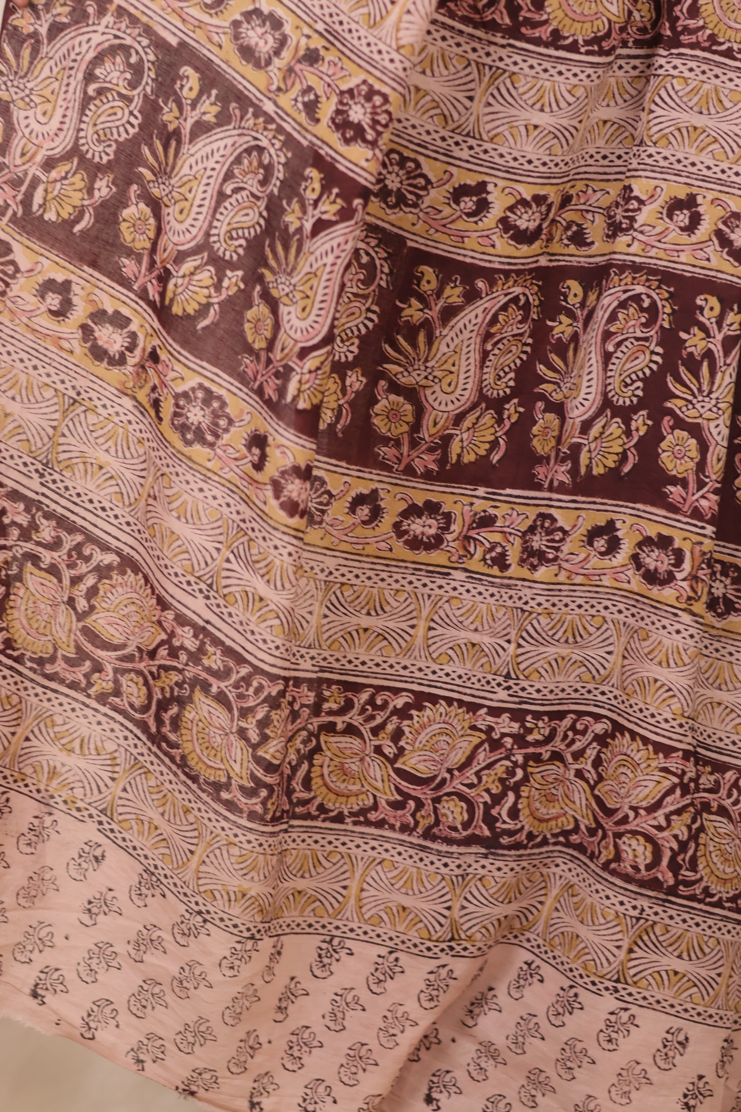 Cream Hand Block Printed Kalamkari Cotton Saree | Looms & Tassels