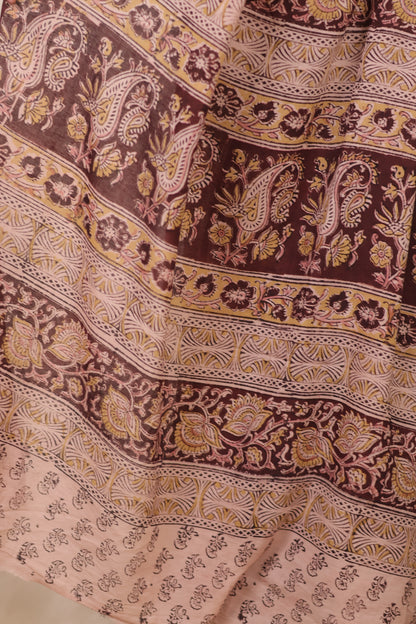 Cream Hand Block Printed Kalamkari Cotton Saree | Looms & Tassels