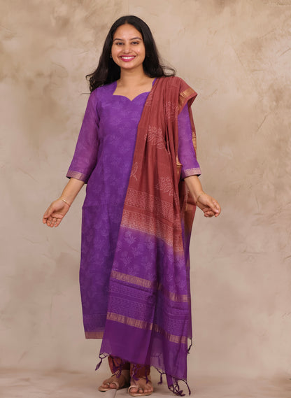 Purple Handblock printed Pure Maheswari Silk 3 piece suit (stitched)