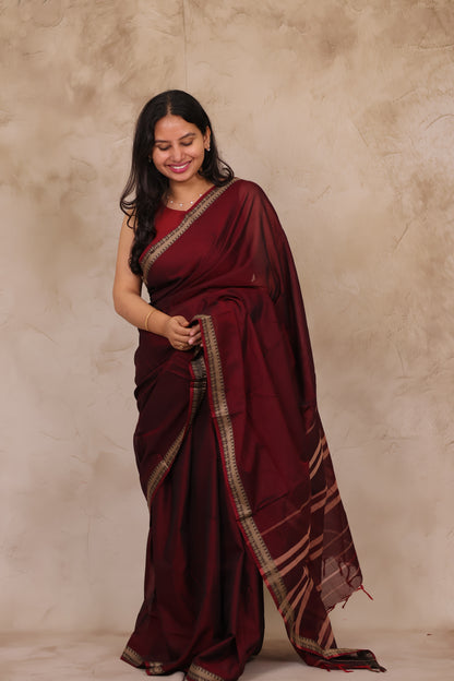 Maroon Narayanpet Cotton Saree | Looms & Tassels