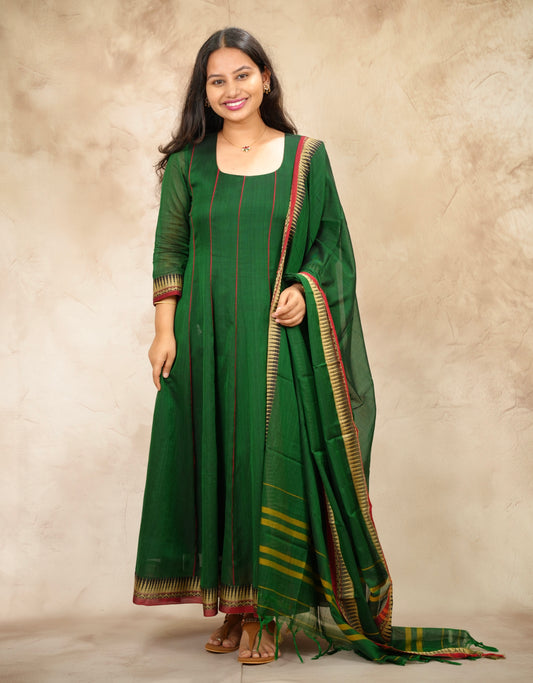 Green Narayanpet Cotton Anarkali Dress with Narayanpet Dupatta | Looms & Tassels