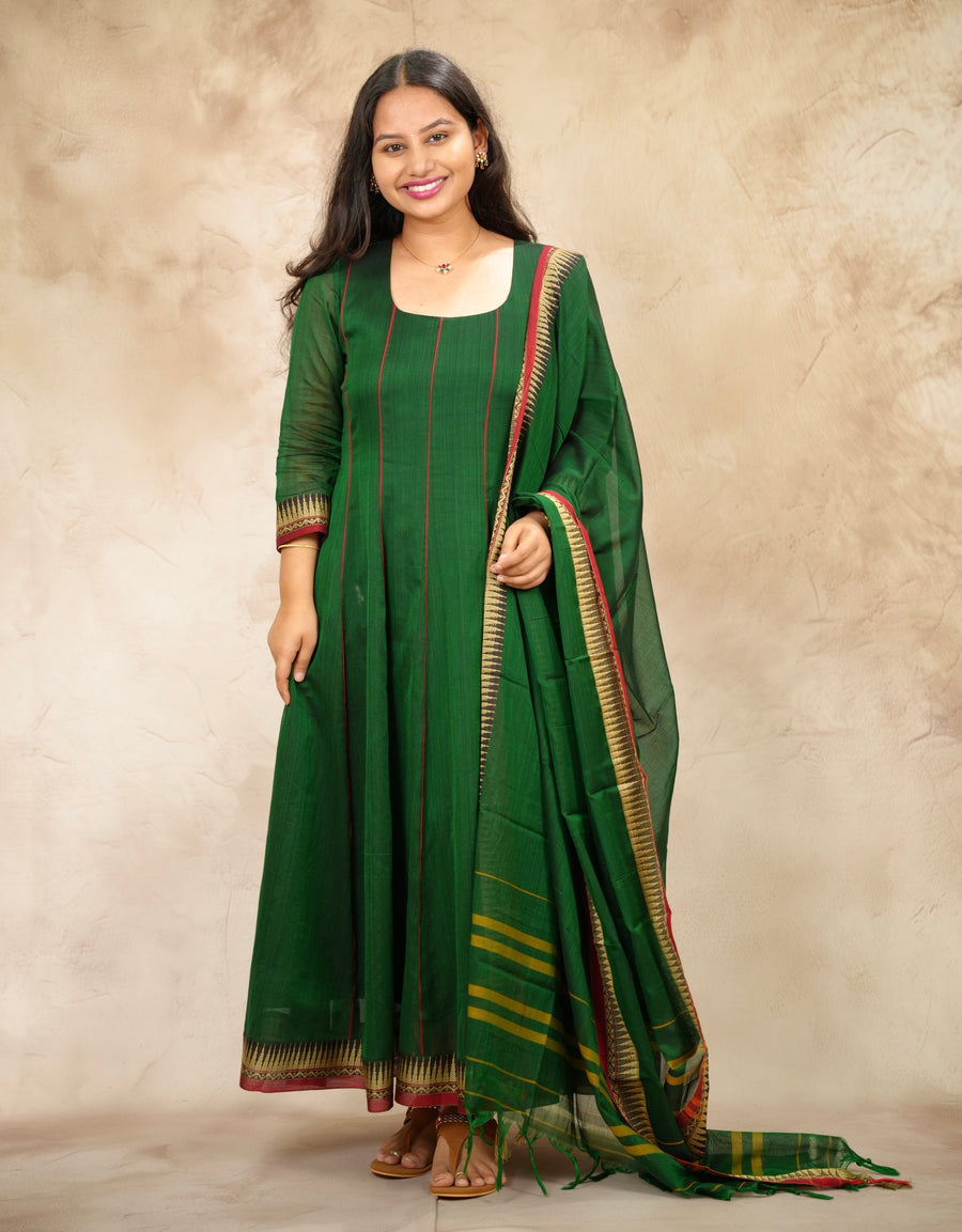 Green Narayanpet Cotton Anarkali Dress with Narayanpet Dupatta | Looms & Tassels