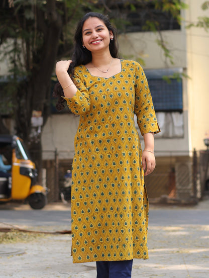 Mustard Ajrakh Hand Block printed Kurti